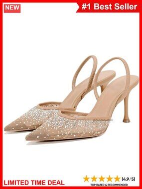 Pearl Kitten Heels Pointed Toe Mesh Rhinestone Slingback Heeled Sandals